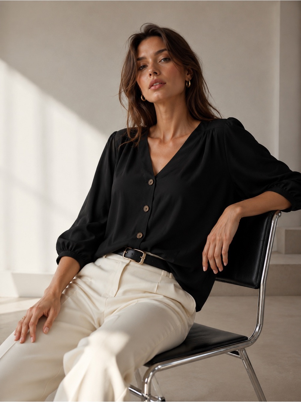 BOOHOO Black Horn Button Front Blouse | Size 4 | Made in Italy | Oversized Fit